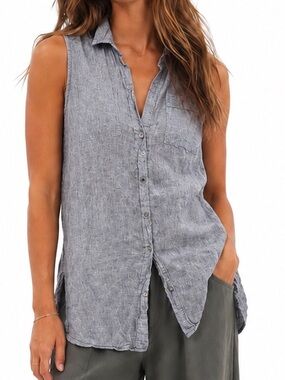 Jones & Co Sleeveless Linen Button Down Top Denim Colour